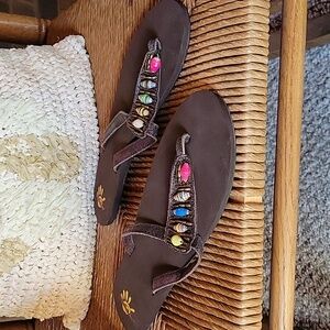 BuyambaSoles, brown beaded flip flops, size 11